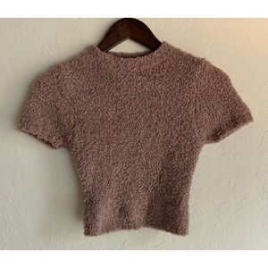 Skims Cozy Knit Cropped Shirt Dusty Rose High Pile Fleece XS XXS Casual Top